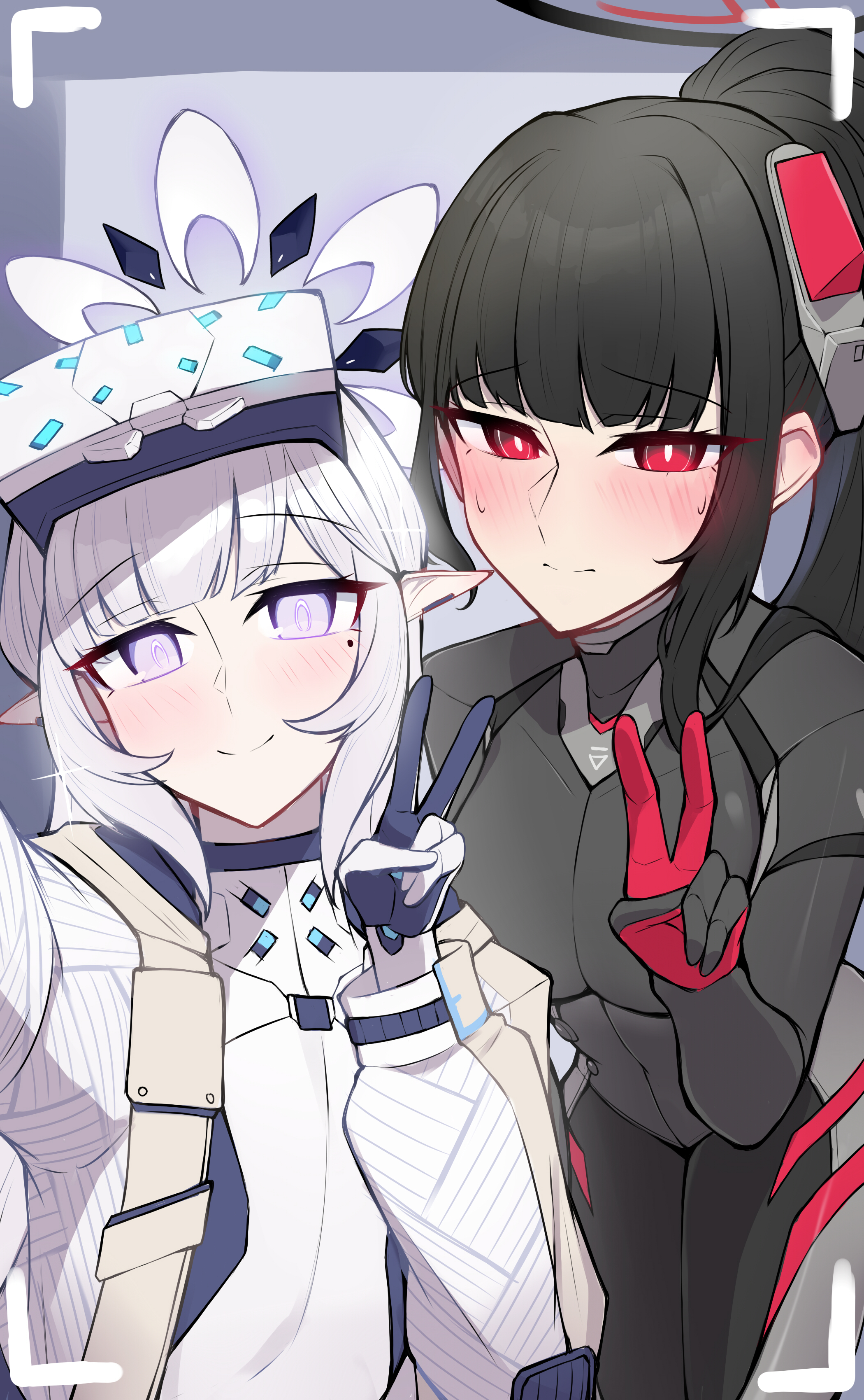 himari (blue archive), himari (bodysuit) (blue archive), rio (blue archive), rio (bodysuit) (blue archive), blue archive, absurdres, commentary, highres, 2girls, arm up, black bodysuit, black hair, black halo, blunt bangs, blush, bodysuit, breasts, bright pupils, closed mouth, earclip, flat chest, git (git giit), hair ornament, halo, head-mounted display, jacket, large breasts, long hair, looking at viewer, mole, mole under eye, multicolored halo, multiple girls, official alternate costume, official alternate hairstyle, open clothes, open jacket, pointy ears, ponytail, purple eyes, red eyes, ringed eyes, selfie, sidelocks, sitting, skin tight, smile, standing, sweat, two-tone halo, v, white bodysuit, white hair, white halo, white jacket, white pupils