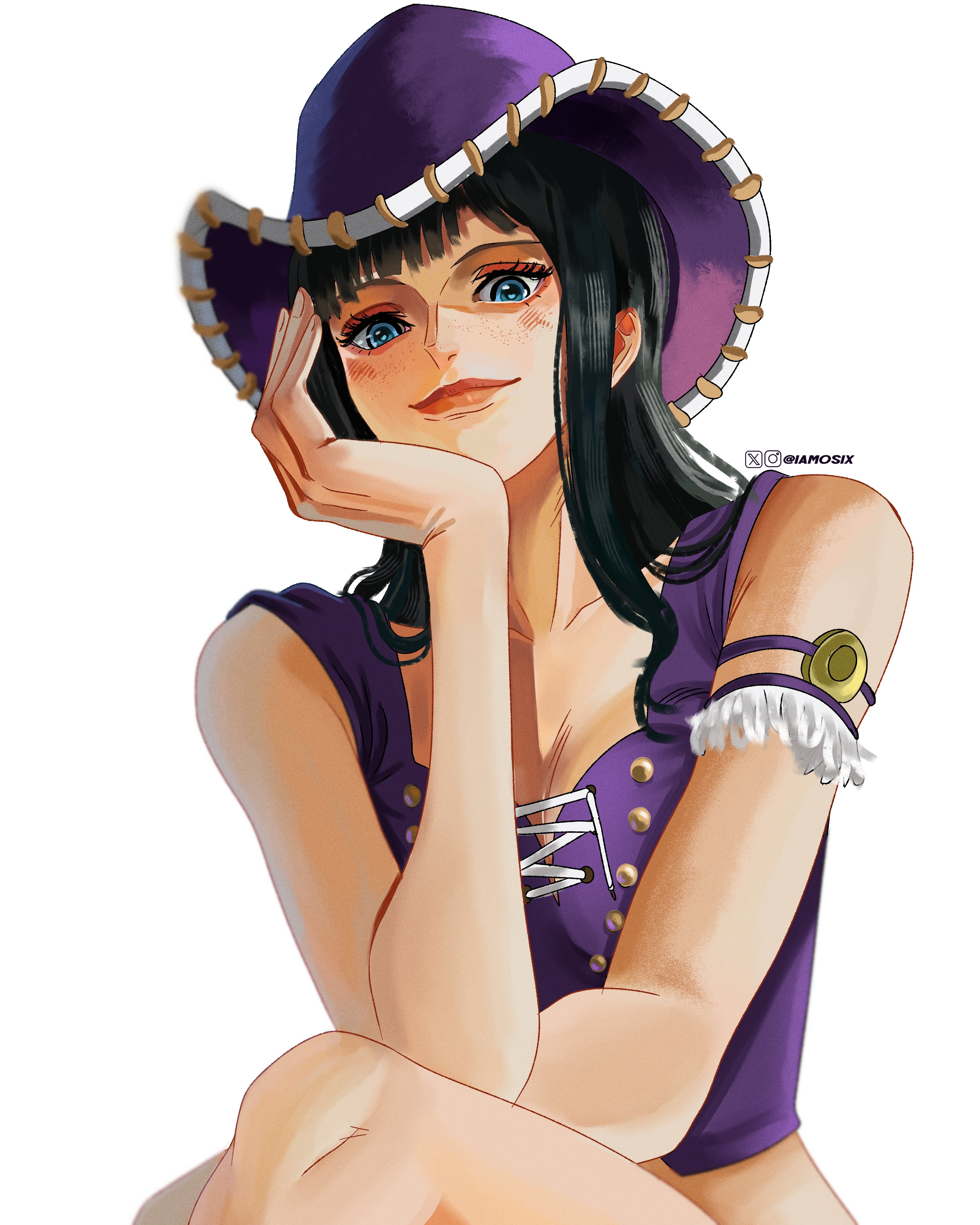 iamosix2, nico robin, one piece, absurdres, highres, 1girl, armband, black hair, blue eyes, cowboy hat, frilled armband, frills, hand on own chin, hat, instagram logo, looking at viewer, purple hat, purple tank top, tank top, twitter username