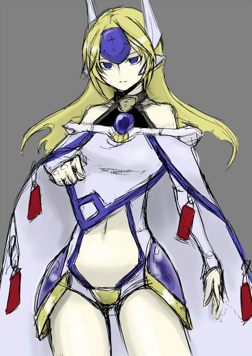 chulain, kamata yuuya, mu-12, arc system works, blazblue, bad id, bad pixiv id, 1girl, bare shoulders, blonde hair, blue eyes, cape, female focus, long hair, midriff, solo, tiara