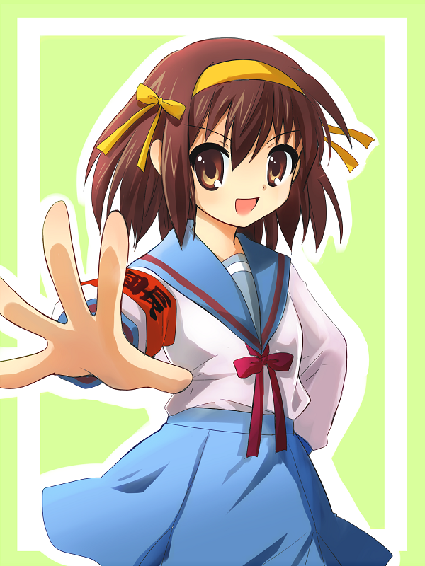mochizuki yomogi, suzumiya haruhi, suzumiya haruhi no yuuutsu, armband, brown eyes, brown hair, hairband, school uniform, serafuku, short hair, solo