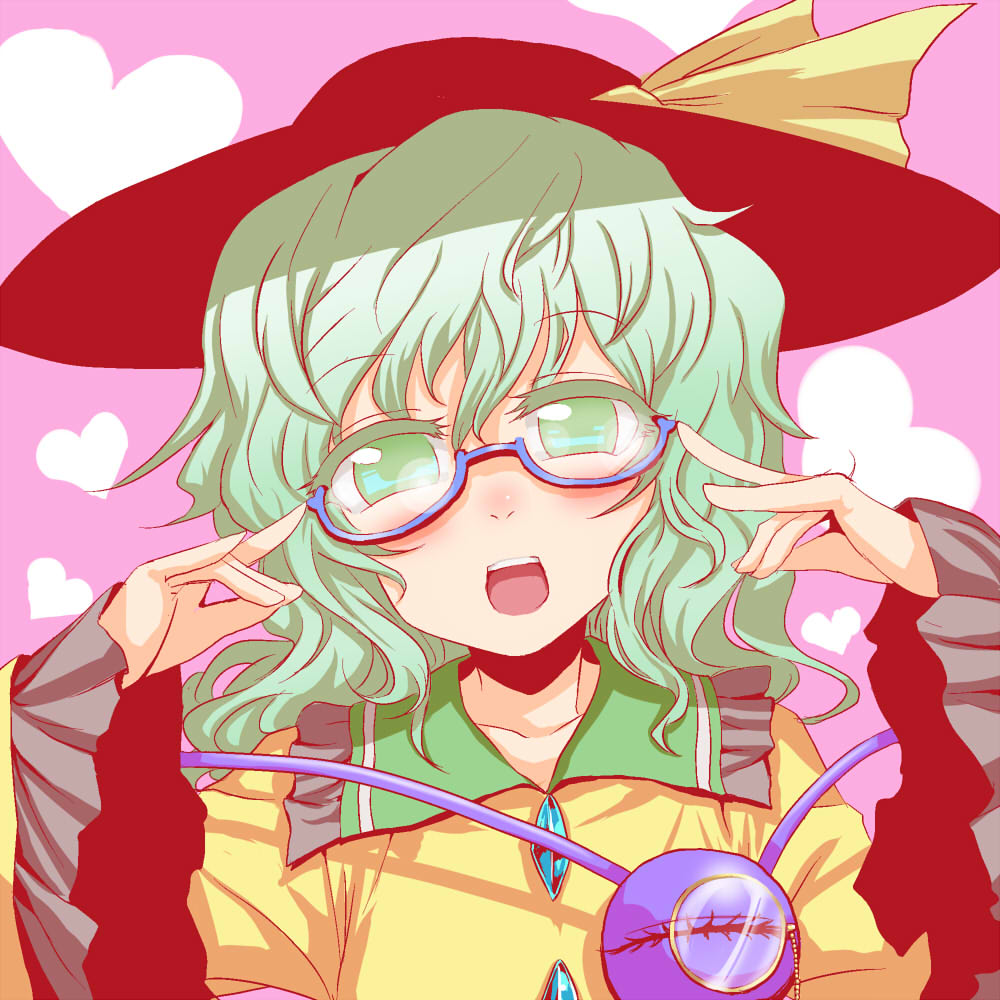 kumadano, komeiji koishi, touhou, bad id, bad pixiv id, 1girl, bespectacled, female focus, glasses, green eyes, green hair, hat, heart, matching hair/eyes, monocle, monocle chain, open mouth, short hair, solo