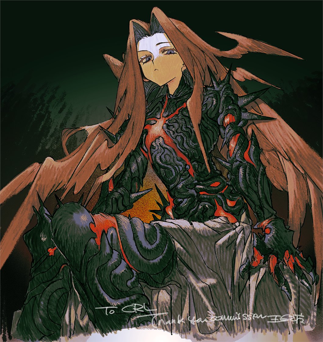 pdozip, edmond dantes (fate), gorgon (fate), medusa (fate), rider, the count of monte cristo (fate), fate/grand order, fate (series), commentary, commission, english commentary, armor, blue eyes, claws, closed mouth, cosplay, english text, frown, giant, giantess, hair intakes, hair wings, knees together feet apart, long hair, looking at viewer, looking down, sitting, spiked armor, spikes, the count of monte cristo (fate) (cosplay), triangle mouth, very long hair