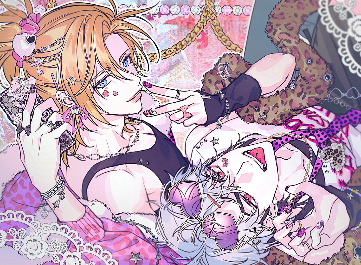 plave, commentary, korean commentary, 2boys, alternate costume, alternate hairstyle, animal print, arm warmers, black arm warmers, black bow, black tank top, blonde hair, blue eyes, bow, bracelet, braid, chain, chain bracelet, chain necklace, cross hair ornament, decoden, ear piercing, eunho (plave), eyewear on head, from above, fur-trimmed jacket, fur trim, gyaruo, hair ornament, hairclip, half updo, heart, heart-shaped eyewear, holding, holding phone, jacket, jewelry, k-pop, leopard print, leopard print clothes, male focus, medium hair, mole, mole under eye, multicolored nails, multiple boys, necklace, noah (plave), open clothes, open jacket, open mouth, parted bangs, parted lips, phone, piercing, pink scrunchie, polka dot necktie, purple-tinted eyewear, red eyes, rjduf666, scrunchie, shirt, star (symbol), star hair ornament, sticker, sticker on face, tank top, teeth, tinted eyewear, tongue, tongue out, tongue piercing, v, white hair