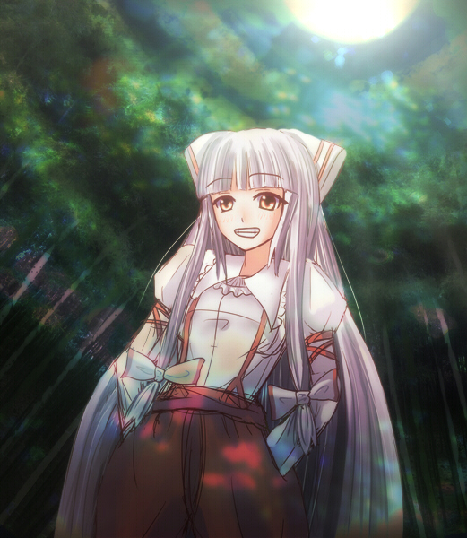 non (nobu), fujiwara no mokou, touhou, silver hair, 1girl, female focus, forest, from below, full moon, green theme, grin, hair ribbon, hands in pockets, long hair, moon, moonlight, nature, orange eyes, outdoors, ribbon, smile, solo, suspenders