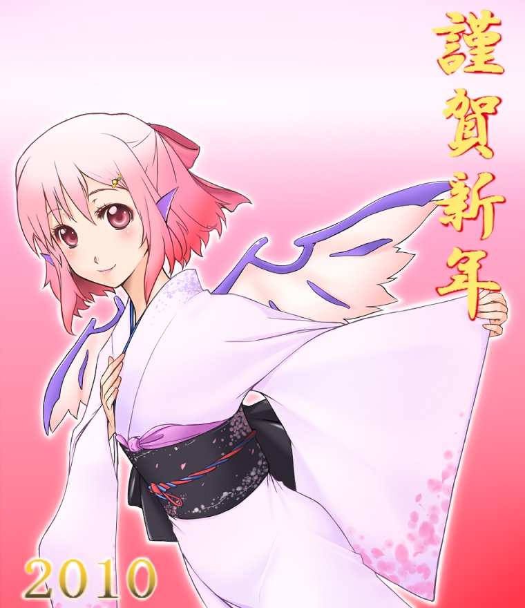 haruichi (komikal), mystia lorelei, touhou, translation request, 10s, 1girl, 2010, animal ears, female focus, gradient background, hair ornament, hair ribbon, hairclip, japanese clothes, kimono, lipstick, makeup, obi, pink eyes, pink hair, ribbon, sash, short hair, smile, solo, standing, wide sleeves, wings