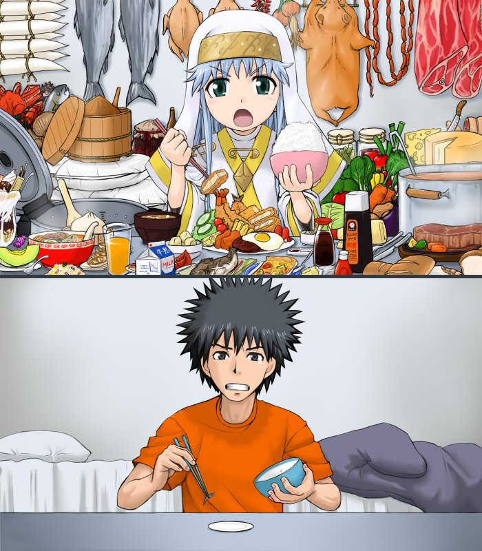 uchuu ika, index (toaru majutsu no index), kamijou touma, toaru majutsu no index, 1boy, 1girl, bed, black hair, bowl, chopsticks, crab, crustacean, egg, fish, food, fruit, long hair, meat, melon, ohitsu, pig, pillow, plate, rice, spiked hair, tears