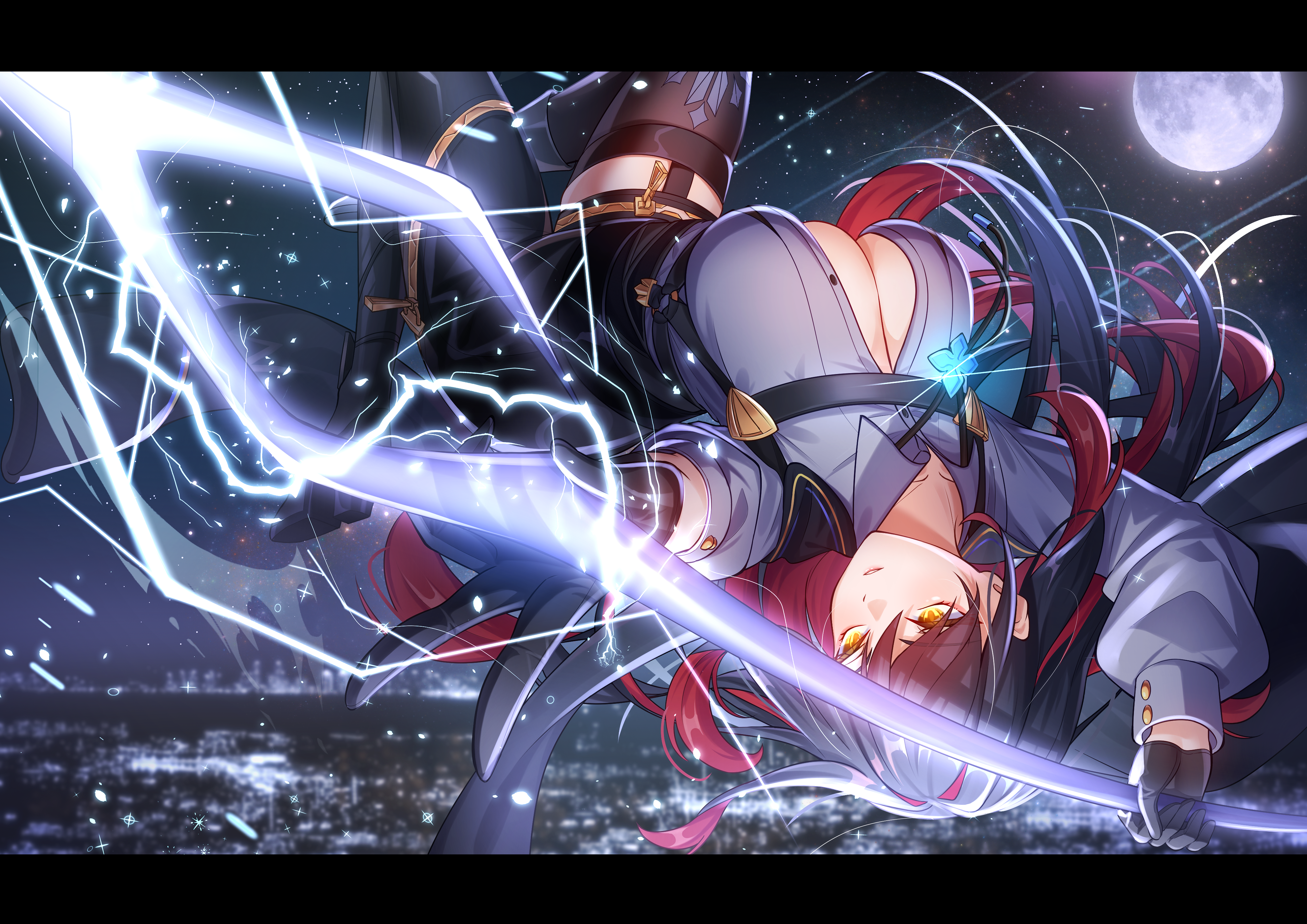 anzusouda, original, absurdres, commentary request, highres, 1girl, asymmetrical legwear, black gloves, black hair, black shorts, black thighhighs, block heels, boots, breasts, buttons, center opening, chest harness, city, city lights, cleavage, collarbone, collared shirt, electricity, energy, floating hair, full moon, garter straps, gloves, glowing, glowing weapon, gold trim, hair between eyes, hair intakes, harness, high heel boots, high heels, holding, holding weapon, large breasts, light particles, long hair, long sleeves, looking ahead, midair, mismatched legwear, moon, multicolored hair, night, outdoors, outstretched arm, parted lips, partially open shirt, partially unbuttoned, purple shirt, red hair, shirt, shorts, sidelocks, single thighhigh, sky, solo, sparkle, star (sky), star (symbol), starry sky, thighhighs, thighs, upside-down, very long hair, weapon, yellow eyes