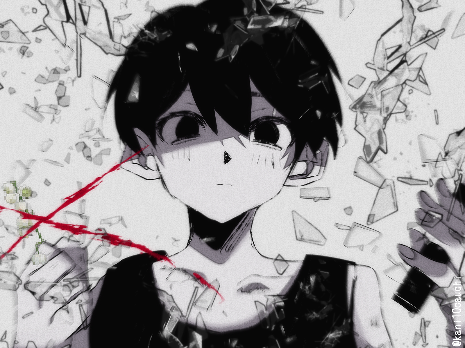 kauchi (kani10cauchi), omori (omori), omori, commentary request, highres, 1boy, black eyes, black hair, black tank top, blood, closed mouth, collarbone, colored skin, double-parted bangs, expressionless, fingernails, hair between eyes, holding, holding knife, knife, looking at viewer, male focus, solo, tank top, twitter username, upper body, white skin