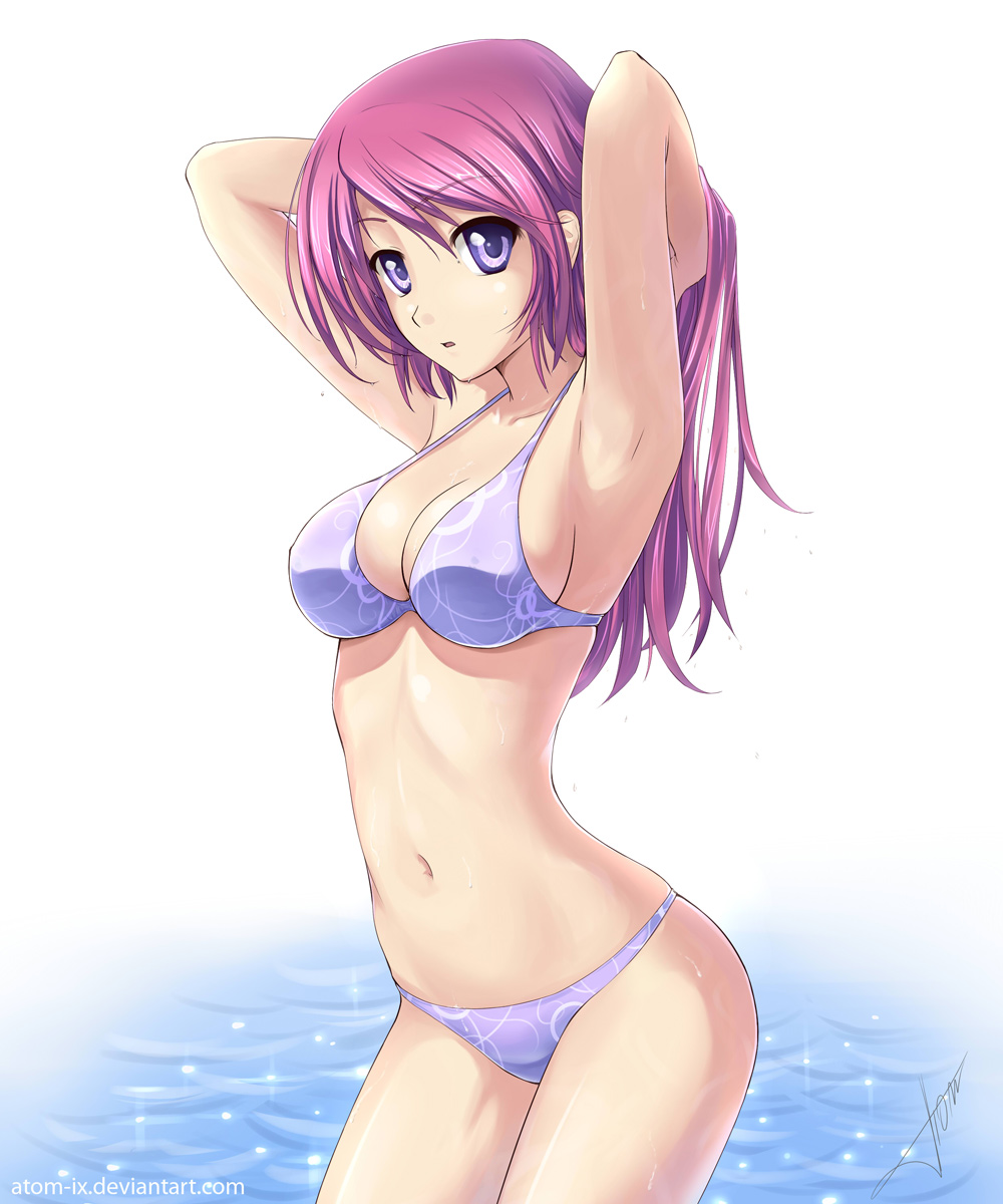 atomix, naomi (atomix), original, highres, md5 mismatch, 1girl, armpits, arms up, bare arms, bikini, breasts, cleavage, cowboy shot, female focus, hand in own hair, large breasts, long hair, looking at viewer, navel, pink hair, purple eyes, solo, swimsuit, water, wet