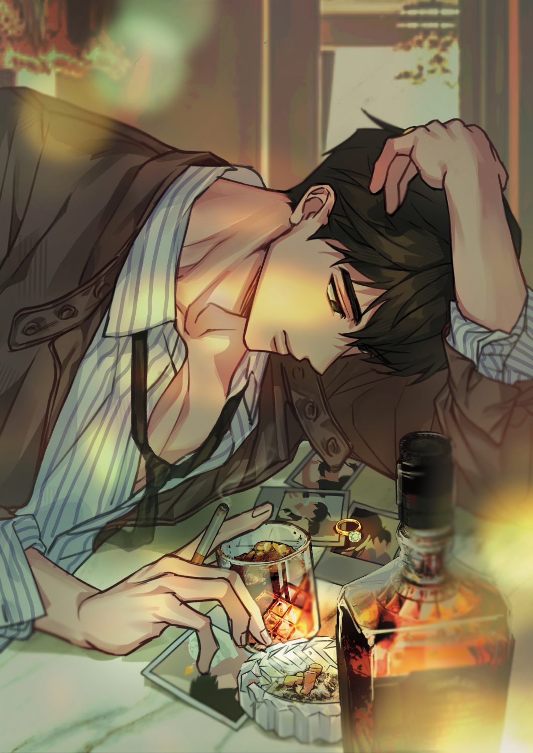 hamin (plave), plave, commentary, highres, korean commentary, 1boy, alcohol, arm up, ashtray, black hair, black necktie, blurry, bokeh, brown jacket, cigarette, closed mouth, depth of field, glass, hair between eyes, holding, holding cigarette, jacket, k-pop, leaning forward, looking down, loose necktie, male focus, necktie, open clothes, open jacket, photo (object), rjduf666, shirt, short hair, smoking, solo, striped clothes, striped shirt, upper body, vertical-striped clothes, vertical-striped shirt, whiskey