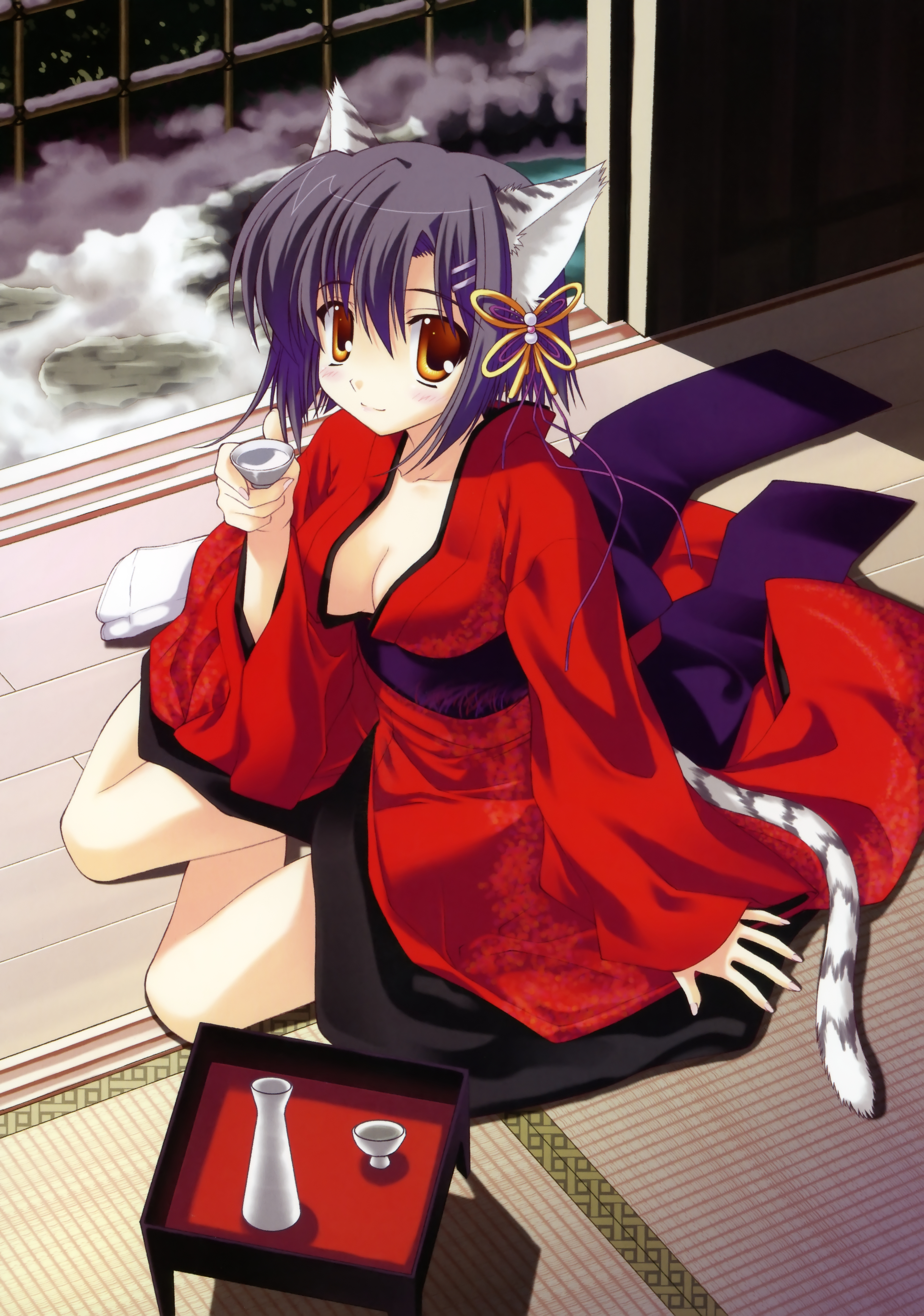 nanao naru, absurdres, highres, 1girl, animal ears, breasts, cleavage, female focus, japanese clothes, kimono, large breasts, solo, tail, yellow eyes