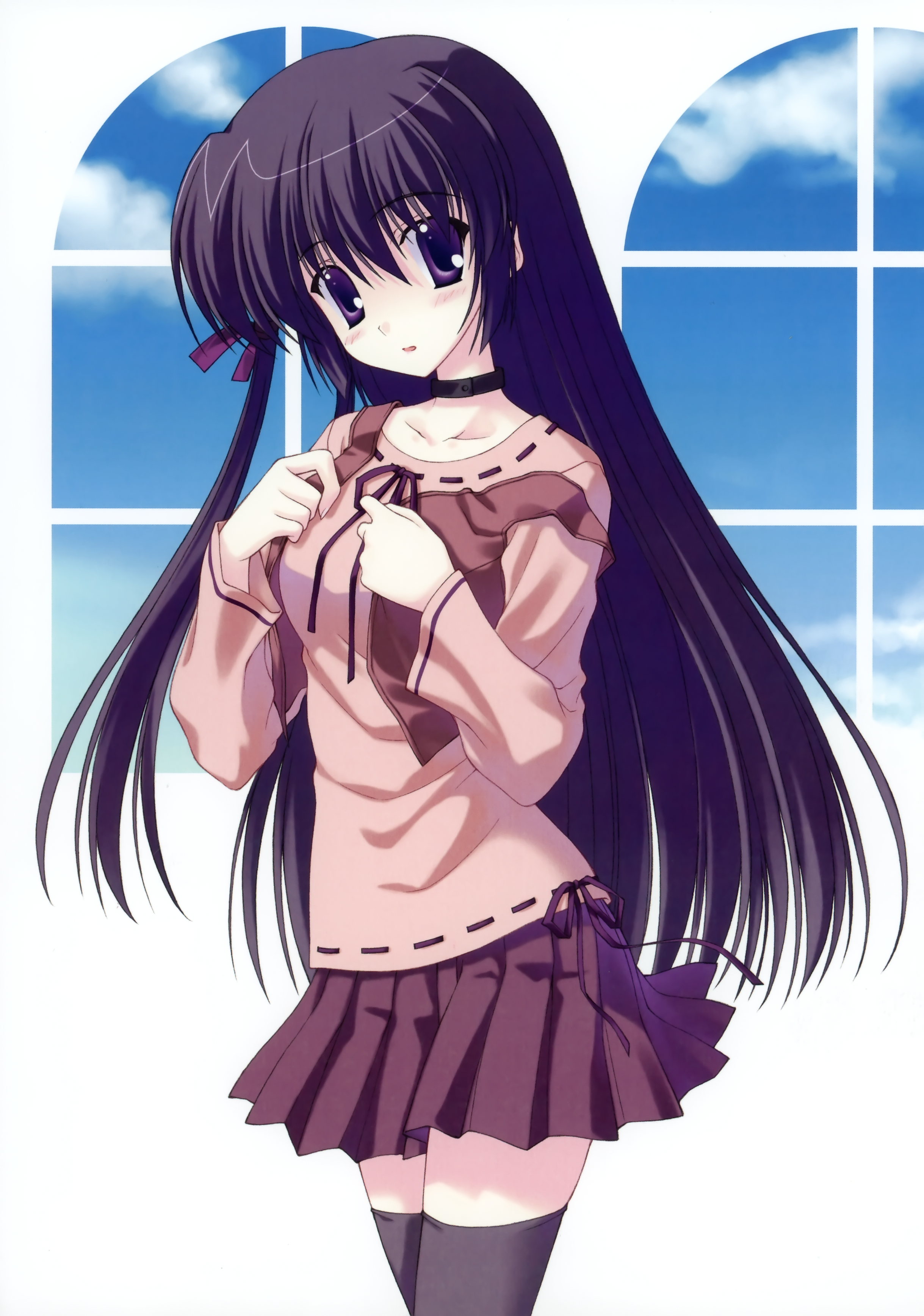 nanao naru, shihou matsuri, sola, absurdres, highres, 00s, black thighhighs, blush, long hair, purple eyes, solo, thighhighs, zettai ryouiki