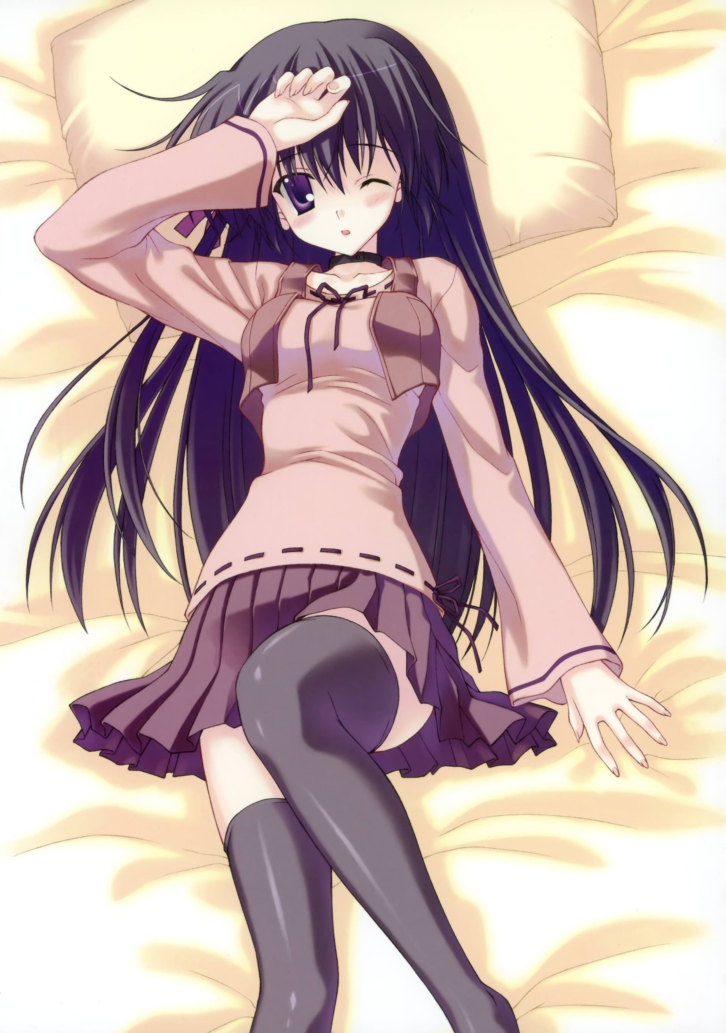 nanao naru, shihou matsuri, sola, absurdres, highres, 00s, 1girl, black thighhighs, blush, female focus, latex, long hair, lying, on back, one eye closed, pillow, skirt, solo, thighhighs, wink, zettai ryouiki