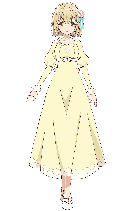 constance grail, eris no seihai, commentary request, official art, second-party source, 1girl, blonde hair, breasts, closed mouth, collarbone, dress, flower, full body, green eyes, hair flower, hair ornament, jewelry, juliet sleeves, long sleeves, looking at viewer, necklace, puffy sleeves, shoes, short hair, small breasts, smile, solo, transparent background, white shoes, yellow dress