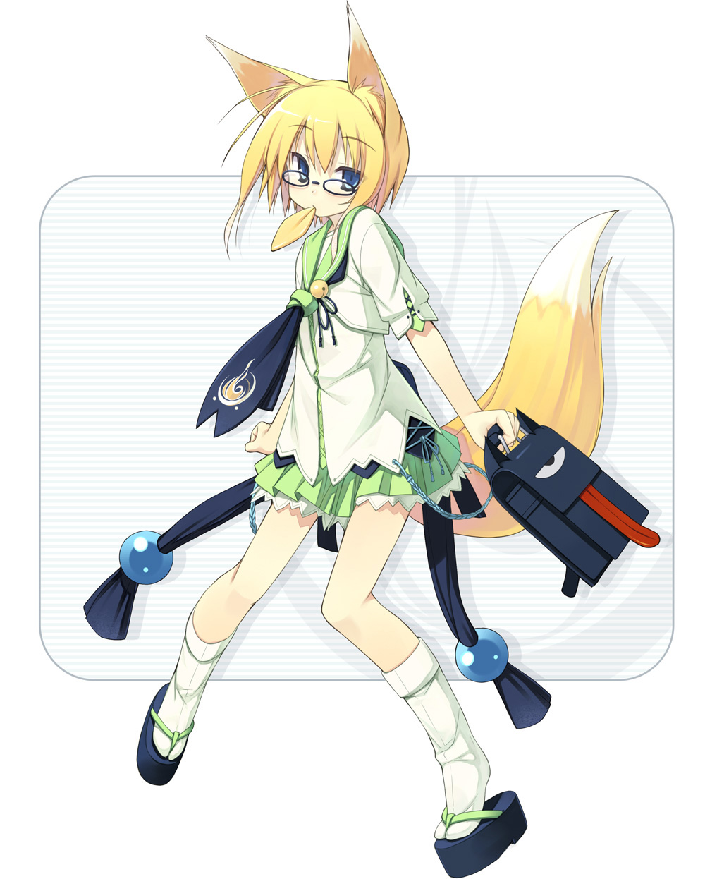 poco (asahi age), kitsune (poko), kuroino (poco), shiratama kitsune, original, highres, 1girl, aburaage, adapted costume, animal ears, bag, blonde hair, blue eyes, clog sandals, female focus, food, fox ears, fox tail, glasses, mouth hold, platform clogs, sandals, school bag, school uniform, solo, tabi, tail