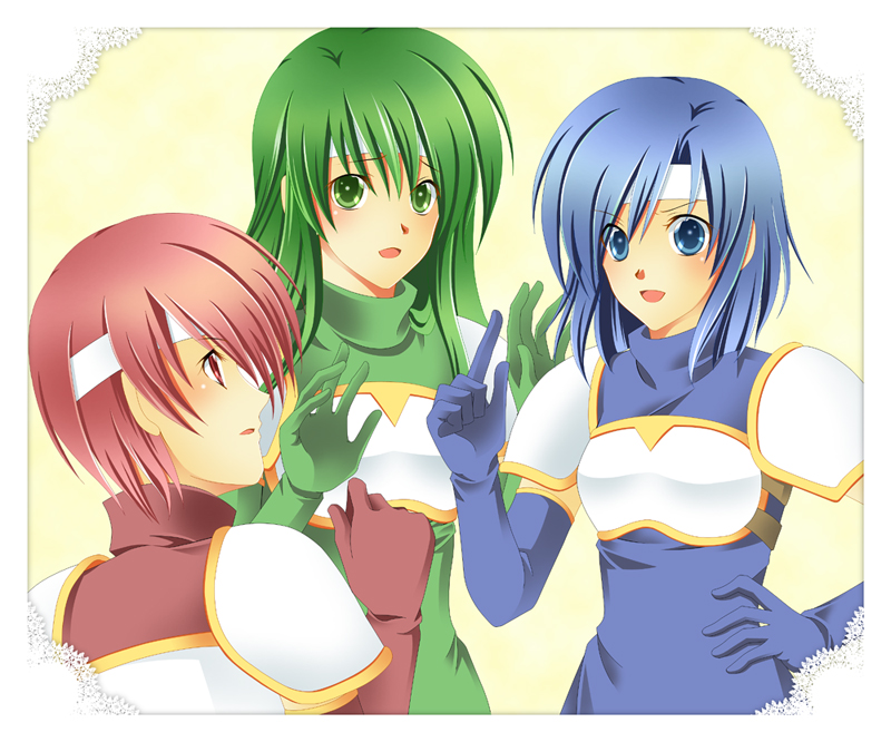 maturi itijo, catria (fire emblem), est (fire emblem), palla (fire emblem), fire emblem, fire emblem: mystery of the emblem, nintendo, pegasus knight uniform (fire emblem), armor, blue eyes, blue hair, blush, elbow gloves, gloves, green eyes, green hair, headband, long hair, photo (object), red eyes, red hair, short hair, siblings, sisters