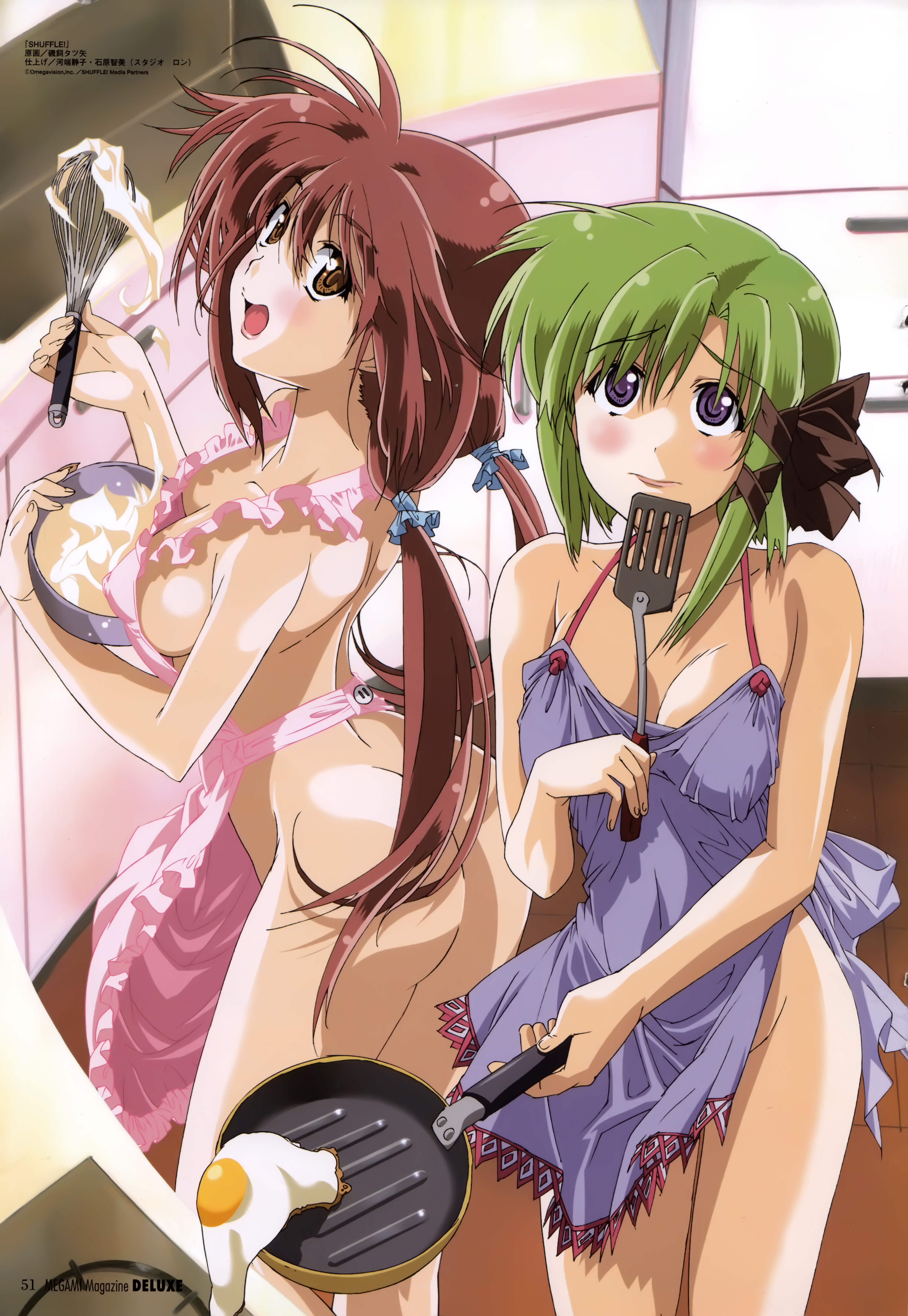 lisianthus, shigure asa, shuffle!, absurdres, highres, 00s, 2girls, apron, arched back, ass, blush, breasts, breasts apart, brown eyes, cleavage, cooking, cowboy shot, egg, egg (food), embarrassed, food, fried egg, green hair, hair between eyes, happy, indoors, lace-trimmed apron, lace trim, legs together, long hair, multiple girls, naked apron, parted bangs, purple eyes, raised eyebrows, red hair, ribbon, short hair, short hair with long locks, shy, standing, twintails, very long hair, whisk