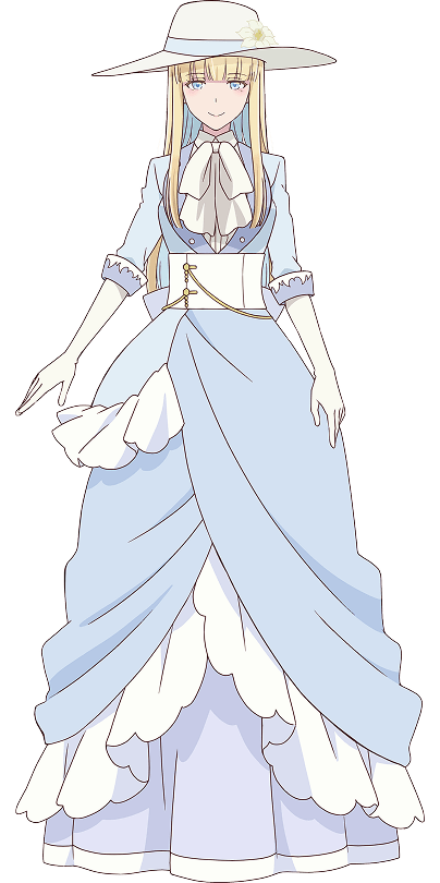 eris no seihai, commentary request, official art, second-party source, 1girl, blonde hair, blue dress, blue eyes, blue hair, bow, bowtie, closed mouth, colored inner hair, dress, flower, full body, gloves, hat, hat flower, lily orlamunde, long hair, looking at viewer, multicolored hair, smile, solo, transparent background, very long hair, white bow, white bowtie, white flower, white gloves, white hat