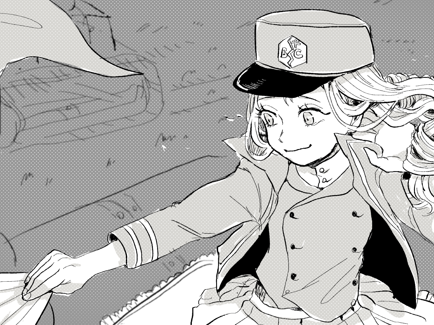 arai ako, marie (girls und panzer), girls und panzer, commentary request, 1girl, bc freedom military uniform, drill hair, folding fan, hand fan, hat, high collar, jacket, kepi, military hat, military vehicle, motor vehicle, smile, tank