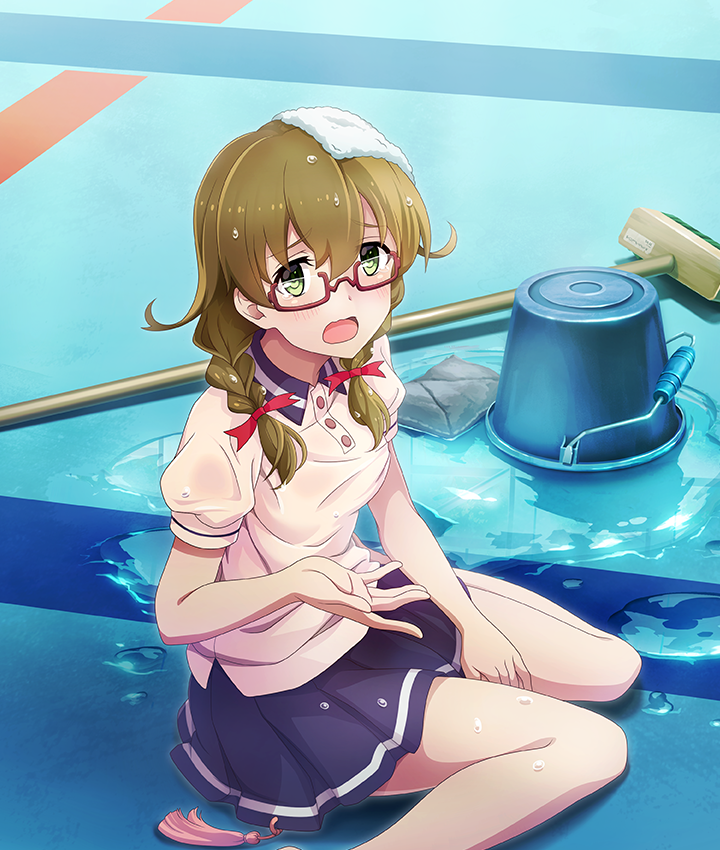 hamazuka sakura, toji no miko, toji no miko: kizamishi issen no tomoshibi, game cg, official art, third-party source, blue skirt, blush, bow, braid, breasts, brown hair, bucket, buttons, empty pool, foot out of frame, from above, from side, glasses, green eyes, hair bow, hand on own thigh, hand up, looking at viewer, low twin braids, medium breasts, mop, on floor, open mouth, pool, rectangular eyewear, red-framed eyewear, red bow, renpu girls school uniform, school uniform, semi-rimless eyewear, shirt, sitting, skirt, spill, summer uniform, tassel, towel, towel on head, twin braids, under-rim eyewear, wariza, water, wet, wet clothes, wet shirt, white shirt