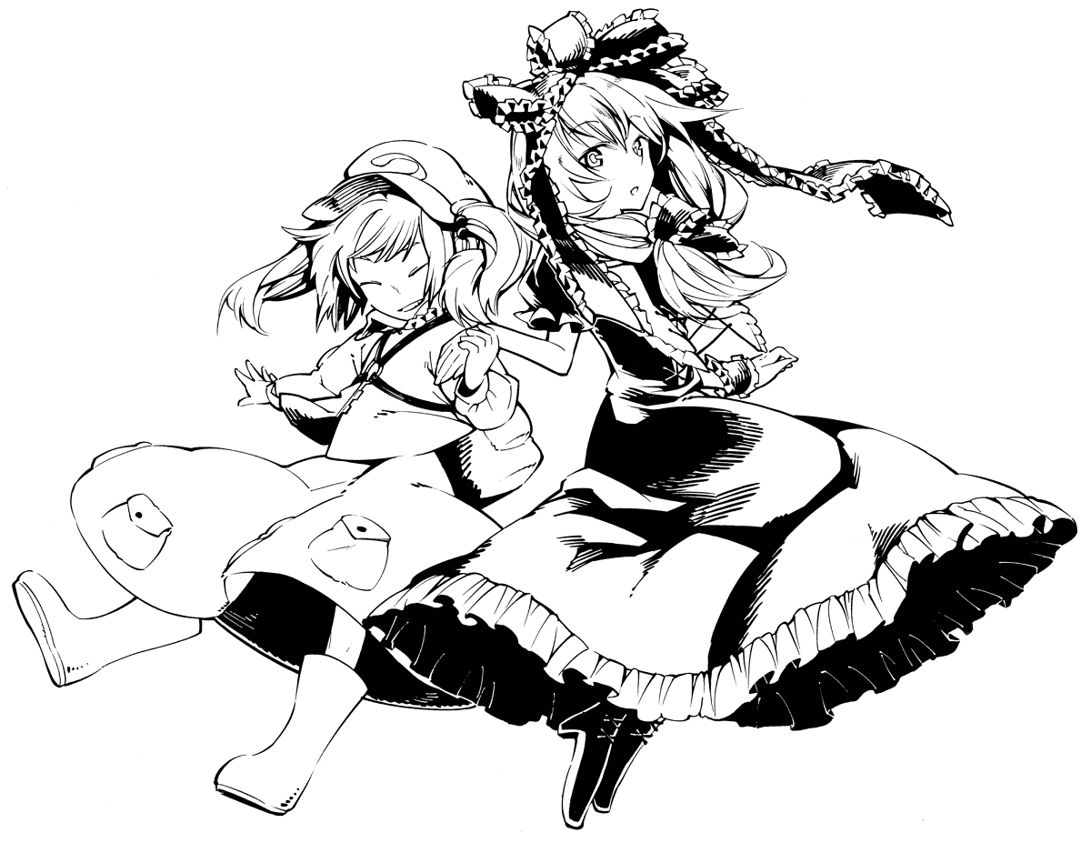 nakatani, kagiyama hina, kawashiro nitori, touhou, 2girls, backpack, bag, boots, closed eyes, dress, female focus, frilled dress, frills, front ponytail, full body, greyscale, hair ribbon, hat, holding hands, key, long hair, long sleeves, monochrome, multiple girls, pocket, puffy short sleeves, puffy sleeves, ribbon, short sleeves, simple background, skirt, smile, twintails, two side up