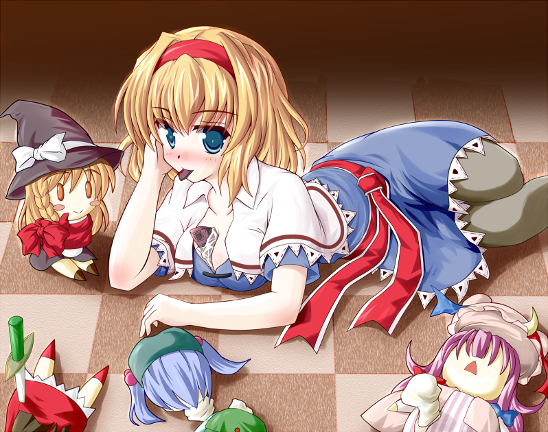 hiiragi tomoka, alice margatroid, hakurei reimu, kawashiro nitori, kirisame marisa, patchouli knowledge, touhou, 1girl, between breasts, blonde hair, blood, blue eyes, blush, breasts, character doll, checkered floor, chocolate, cleavage, doll, female focus, floor, hairband, knife, lying, medium breasts, pantyhose, perspective, short hair, solo, two side up, valentine, yandere