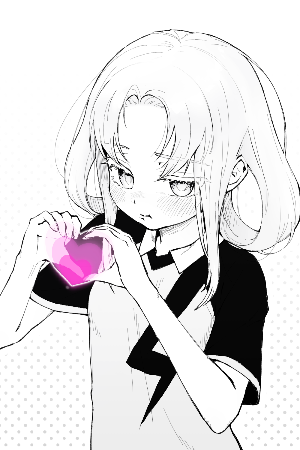 akasode matsuri (inazuma eleven), inazuma eleven (series), inazuma eleven victory road, bad id, 1girl, blush, collar, dcinside (website), greyscale, heart, heart hands, looking at viewer, monochrome, shirt, simple background, soccer uniform, solo, sportswear, t-shirt, white background