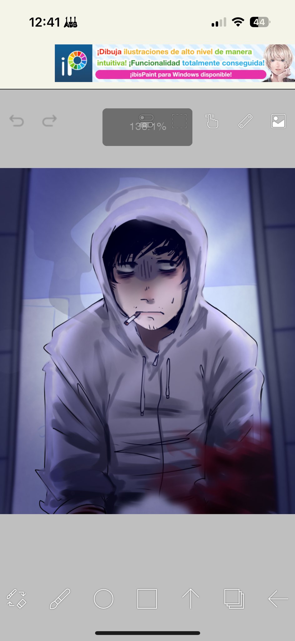 simon henriksson, cry of fear, screencap, highres, 1boy, art program in frame, black hair, blood, blood on clothes, cigarette, grey hoodie, hood, hood up, hoodie, male focus, raykills, short hair, sitting, smoke, smoke trail, smoking, solo, upper body