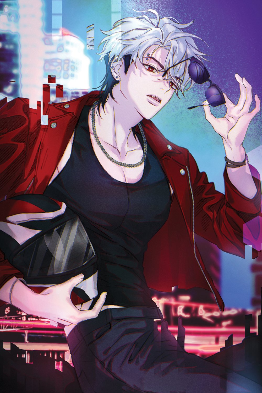 plave, commentary, highres, 1boy, black hair, black pants, black tank top, cityscape, ear piercing, eunho (plave), eyebrow piercing, face piercing, glitch, helmet, holding, holding unworn helmet, jacket, jewelry, k-pop, looking at viewer, male focus, motorcycle helmet, multicolored hair, necklace, open clothes, open jacket, open mouth, pants, piercing, red eyes, red jacket, removing eyewear, rjduf666, short hair, sunglasses, tank top, two-tone hair, unworn headwear, unworn helmet, white hair