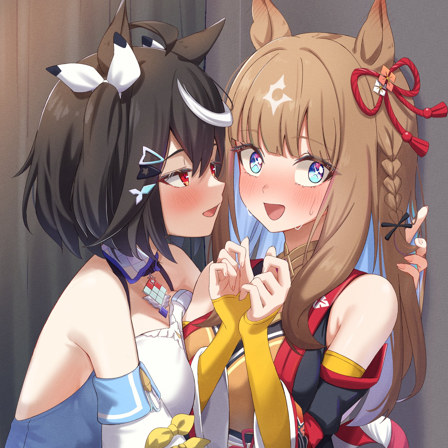chahanramen, almond eye (umamusume), kitasan black (crowning ooban) (umamusume), kitasan black (umamusume), umamusume, highres, 2girls, ahoge, almond eye (umamusume) (cosplay), animal ears, artist name, bare shoulders, black hair, black sleeves, blue eyes, blue hair, blush, braid, brown hair, chanchanko (clothes), closed mouth, colored inner hair, cosplay, costume switch, cross-shaped pupils, detached sleeves, dress, flying sweatdrops, hair between eyes, hair ornament, horse ears, horse girl, kitasan black (umamusume) (cosplay), long hair, looking at another, multicolored hair, multiple girls, open mouth, orange shirt, red eyes, shirt, short hair, single braid, smile, streaked hair, sweat, symbol-shaped pupils, two side up, white dress, white sleeves, white streaks, yellow sleeves, yuri