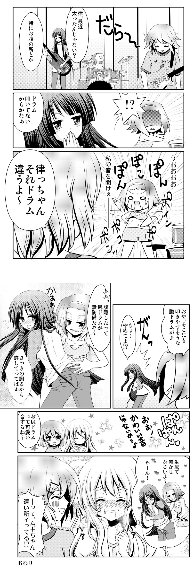 zashiki usagi, akiyama mio, hirasawa yui, kotobuki tsumugi, tainaka ritsu, k-on!, bad id, bad pixiv id, highres, translated, 4girls, bass guitar, blush, comic, drooling, drum, female pervert, greyscale, grin, guitar, imagining, instrument, monochrome, multiple girls, panties, pervert, smile, spanking, underwear, undressing