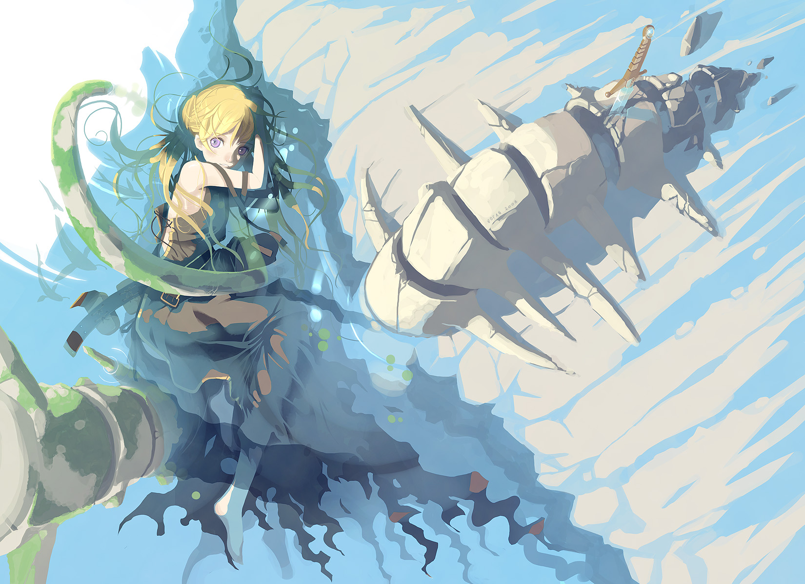 vofan, original, highres, 1girl, barefoot, belt, blonde hair, bone, female focus, long hair, lying, purple eyes, solo, sword, weapon