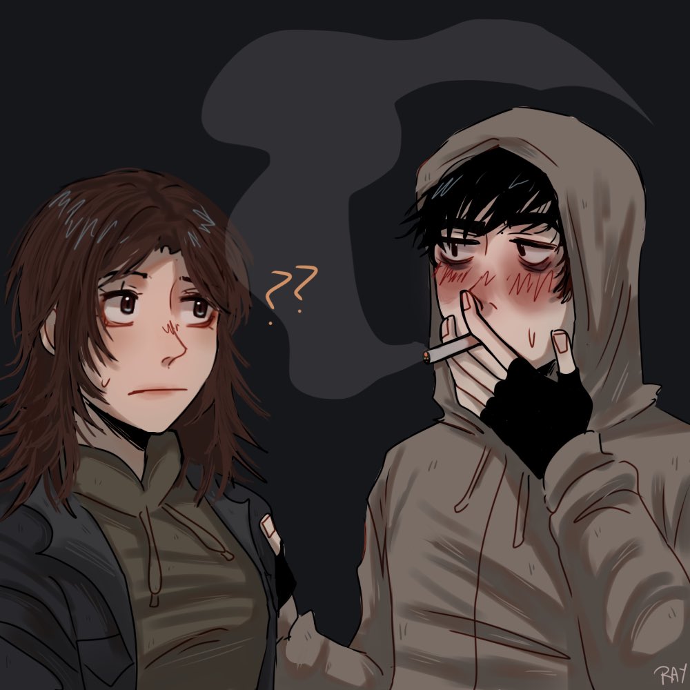 simon henriksson, sophie (cry of fear), cry of fear, 1boy, 1girl, ?, ??, bags under eyes, black eyes, black hair, black jacket, blush, brown hair, cigarette, fingerless gloves, gloves, green hoodie, grey hoodie, hand on another's shoulder, holding, holding cigarette, hood, hood up, hoodie, jacket, looking at another, messy hair, raykills, short hair, smoke, smoke trail, smoking, upper body