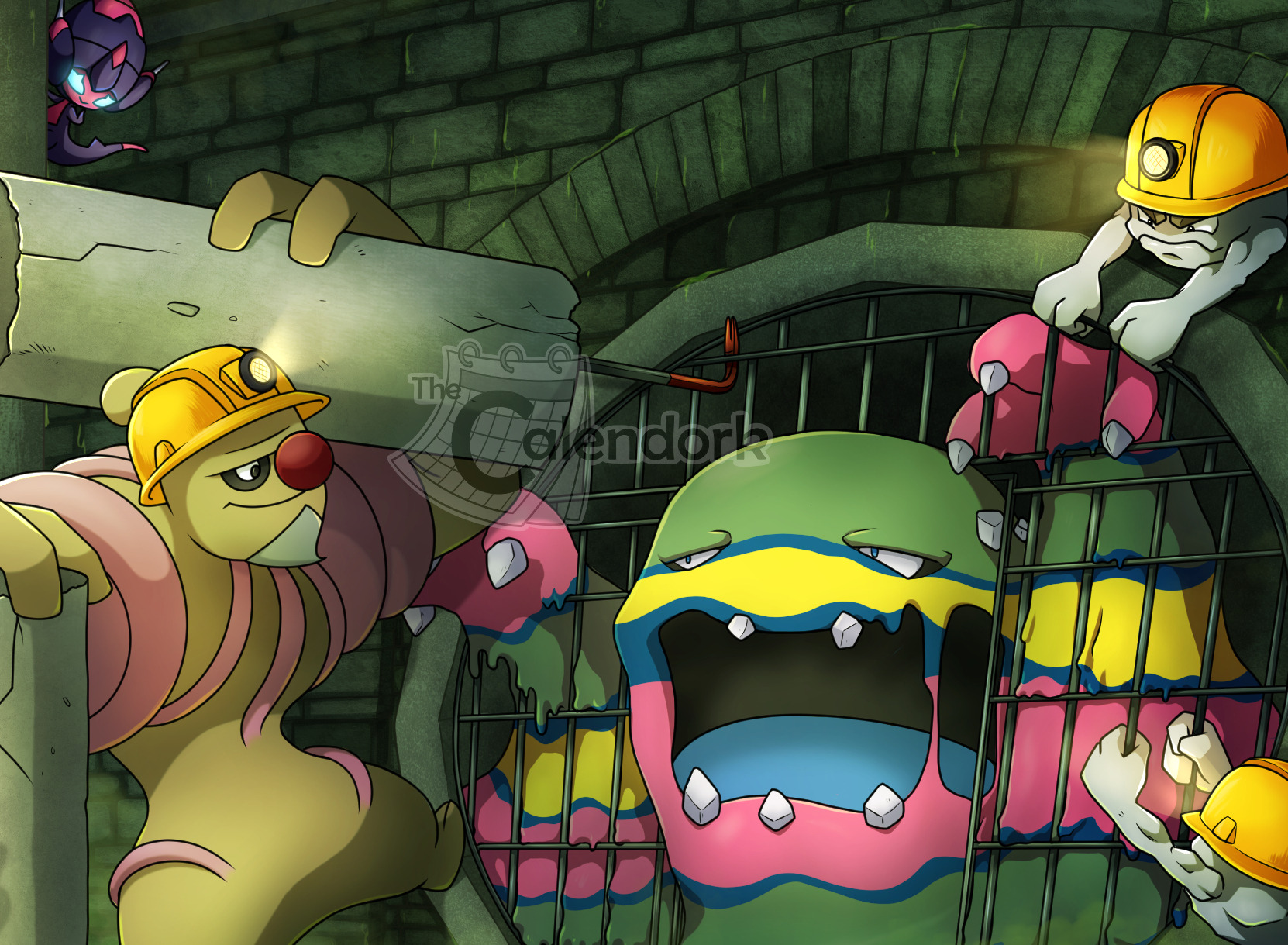 thecalendork, alolan muk, conkeldurr, geodude, poipole, nintendo, pokemon, commentary, english commentary, highres, alolan form, artist name, blob, brick wall, claws, closed mouth, crowbar, fangs, gen 1 pokemon, gen 5 pokemon, gen 7 pokemon, grate, hard hat, helmet, holding, open mouth, pokemon (creature), pokemon focus, red nose, sewer, smile, ultra beast, watermark, yellow helmet