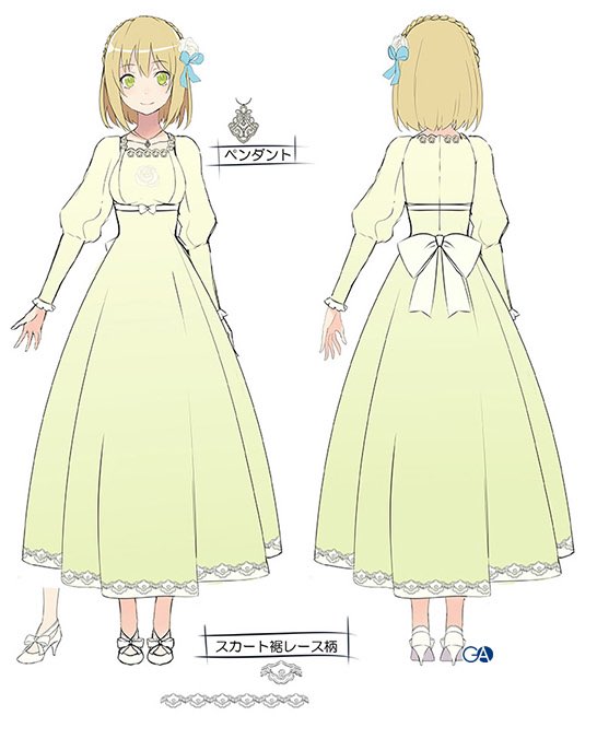 yuunagi (seventh heaven), constance grail, eris no seihai, commentary request, translation request, 1girl, back bow, blonde hair, blue bow, bow, dress, full body, green dress, hair bow, high heels, jewelry, long sleeves, multiple views, necklace, pendant, shoes, simple background, white background, white bow, white shoes