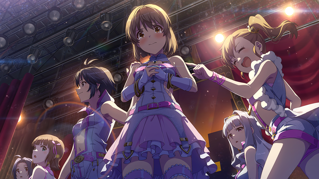 amami haruka, futami mami, hagiwara yukiho, kikuchi makoto, miura azusa, shijou takane, idolmaster, idolmaster (classic), idolmaster million live!, idolmaster million live! theater days, commentary request, game cg, official art, third-party source, 6+girls, blush, breasts, brown eyes, brown hair, closed eyes, closed mouth, from below, luxury (idolmaster), million dreams (idolmaster), multiple girls, navel, official alternate costume, open mouth, short hair, side ponytail, skirt, stage, stage lights, standing, tears