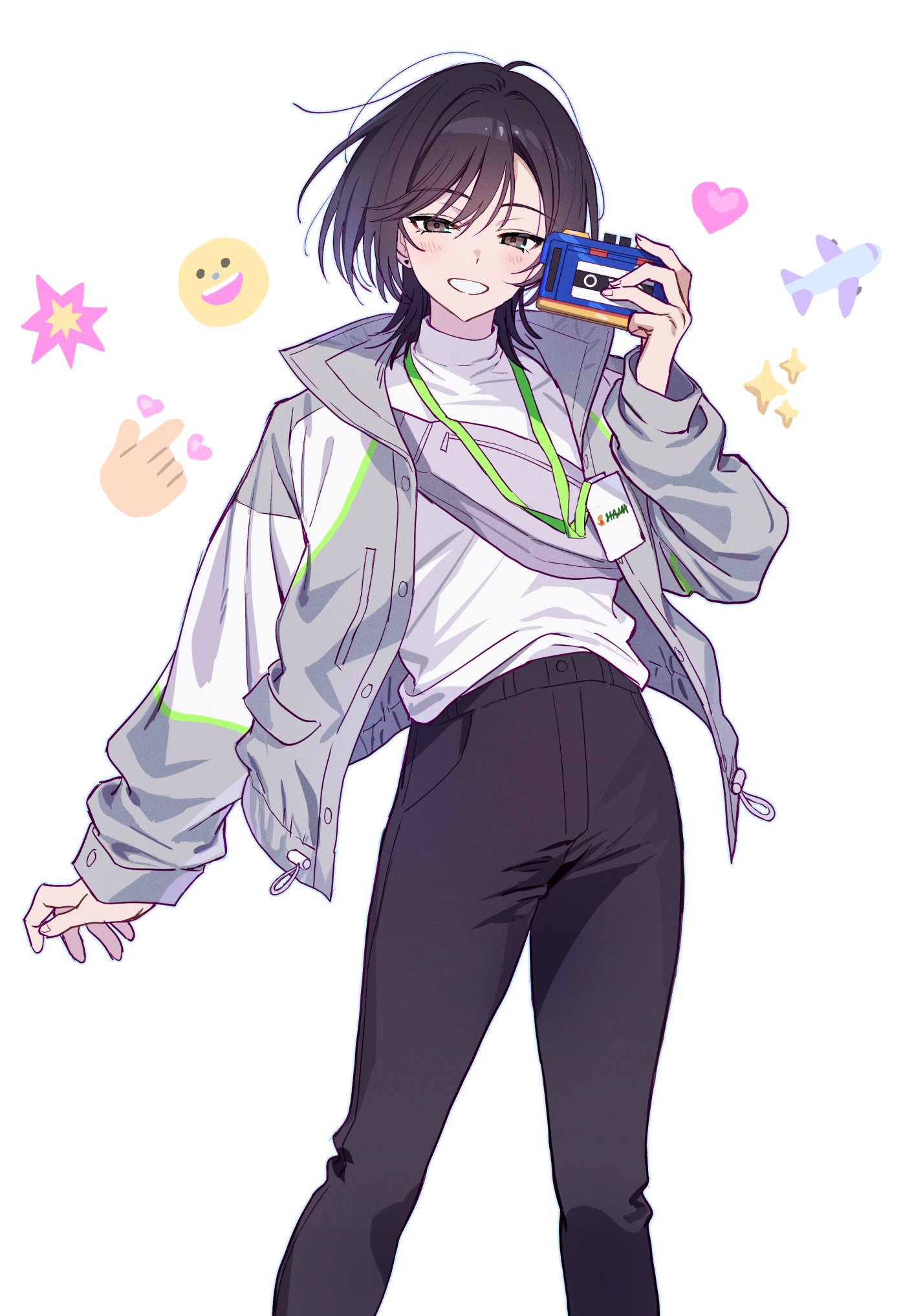 namunamu629, 18trip, commentary, highres, symbol-only commentary, 1girl, black hair, black pants, brown eyes, camera, crossbody bag, grey jacket, hair between eyes, hamasaki momiji, hand up, holding, holding camera, jacket, lanyard, looking at viewer, medium hair, open clothes, open jacket, pants, shirt, simple background, smile, solo, white background, white shirt