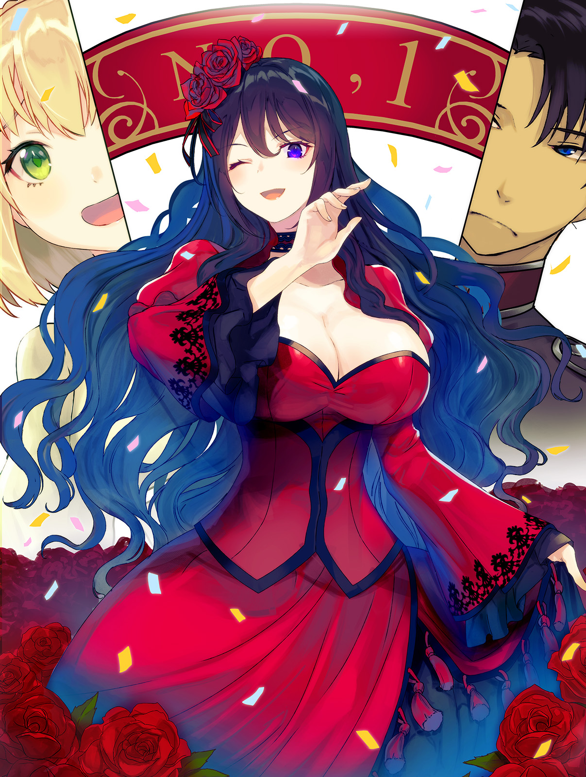 yuunagi (seventh heaven), constance grail, scarlet castiel, eris no seihai, commentary request, highres, second-party source, 1boy, 2girls, black choker, black hair, blonde hair, blue eyes, blue hair, breasts, choker, cleavage, closed mouth, collarbone, confetti, dress, flower, frilled sleeves, frills, green eyes, hair flower, hair ornament, large breasts, long hair, long sleeves, looking at viewer, multiple girls, one eye closed, open mouth, purple eyes, randolph ulster, red dress, red flower, red rose, rose, short hair, smile, very long hair, wide sleeves