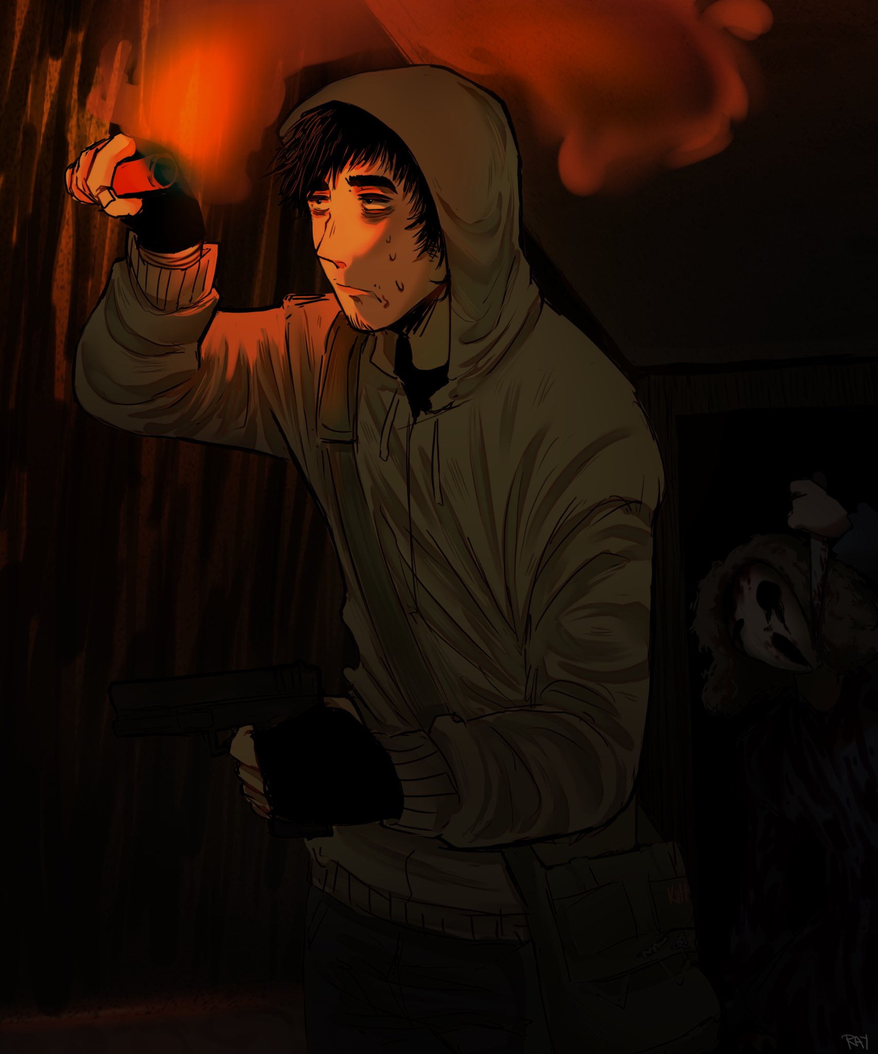 simon henriksson, simon henriksson (book), cry of fear, highres, 2boys, bag, bags under eyes, black gloves, black shirt, cowboy shot, dual persona, empty eyes, fingerless gloves, gloves, grey hoodie, holding, holding flare, holding knife, hood, hood up, hoodie, knife, male focus, multiple boys, night, raykills, shirt, shoulder bag, smoke, stalking, sweatdrop, walking