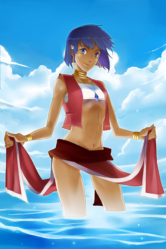 yana yana, nadia la arwall, fushigi no umi no nadia, 1990s (style), 1girl, bandeau, bare shoulders, blue eyes, bob cut, bracelet, clothes lift, cloud, dark-skinned female, dark skin, day, earrings, female focus, hair ornament, hairclip, jewelry, loincloth, midriff, neck ring, necklace, ocean, outdoors, pelvic curtain, purple hair, retro artstyle, short hair, skirt, skirt hold, skirt lift, sky, smile, solo, strapless, tube top, vest, wading, water