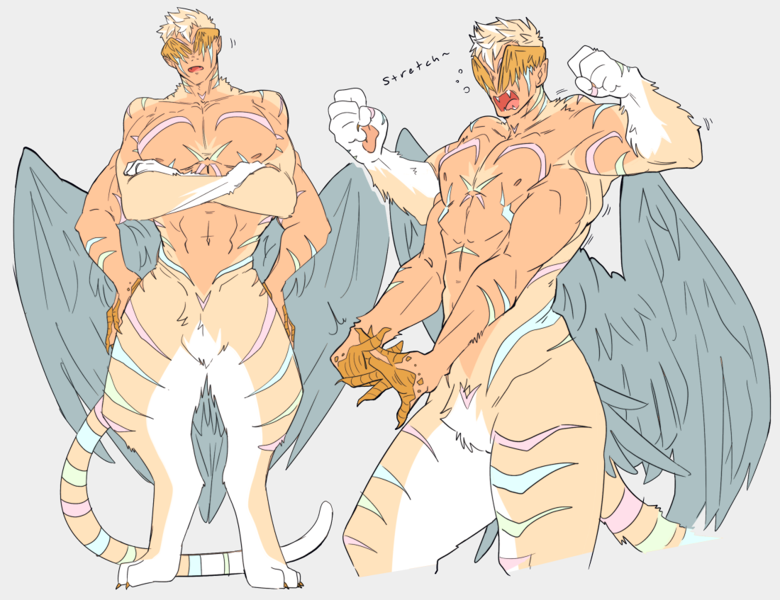 karina farek, kougra, neopets, commentary, english commentary, 1boy, abs, angel, angel wings, animal feet, animal hands, biblically accurate angel, blonde hair, candy neopet, claws, destielconfession, drawfee, extra arms, extra pectorals, fangs, male focus, monster boy, neopet (creature), nude, stretching, tail, teeth, tiger boy, tiger stripes, tiger tail, wings, yawning