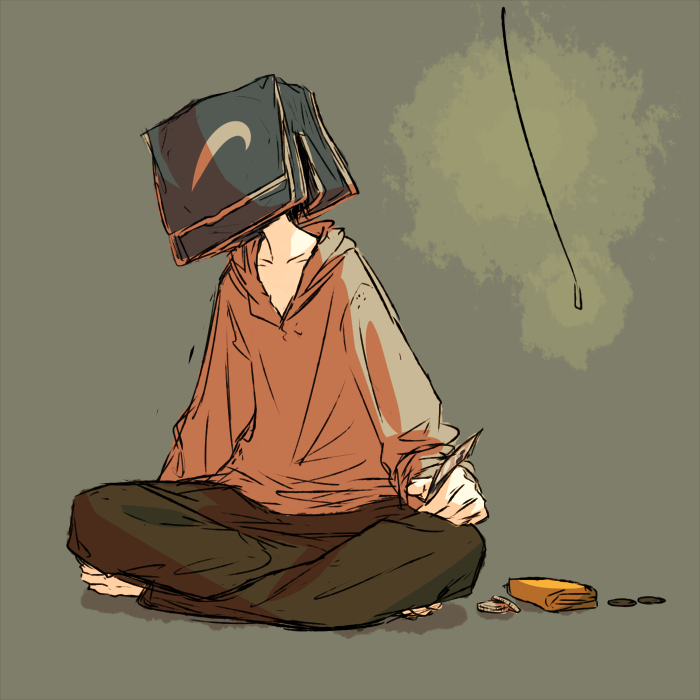 yukitake (bullfalk), original, commentary request, 1boy, bag, bag on head, black pants, coin, collarbone, grey background, grey hoodie, handbag, holding, hood, hoodie, male focus, pants, solo