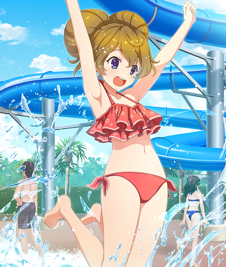 toji no miko, toji no miko: kizamishi issen no tomoshibi, game cg, official art, third-party source, 1boy, 2girls, :d, armpits, arms up, ass, barefoot, bikini, black hair, blue bikini, blue eyes, blue sky, breasts, brown hair, cleavage, clenched hand, cloud, collarbone, day, dot nose, double bun, floral print, floral print bikini, grey male swimwear, hair bun, hand on own hip, jumping, kagami mimi (toji no miko), male swimwear, marking on cheek, medium hair, multiple girls, navel, open mouth, outdoors, palm tree, print bikini, red bikini, ruffle bikini, side-tie bikini bottom, sky, smile, solo focus, splashing, swim trunks, swimsuit, teeth, topless male, tree, upper teeth only, water slide, waterpark