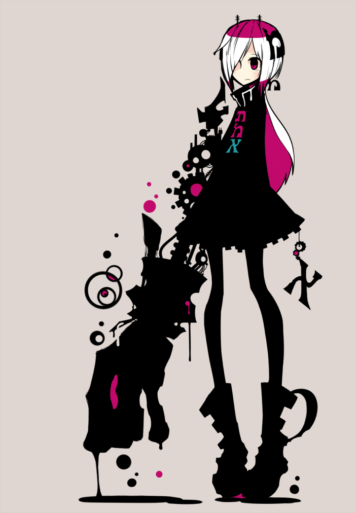 yukitake (bullfalk), original, commentary request, 1girl, black dress, boots, closed mouth, colored inner hair, dress, full body, grey background, hair over one eye, multicolored hair, purple eyes, purple hair, short hair, simple background, solo, standing, white hair