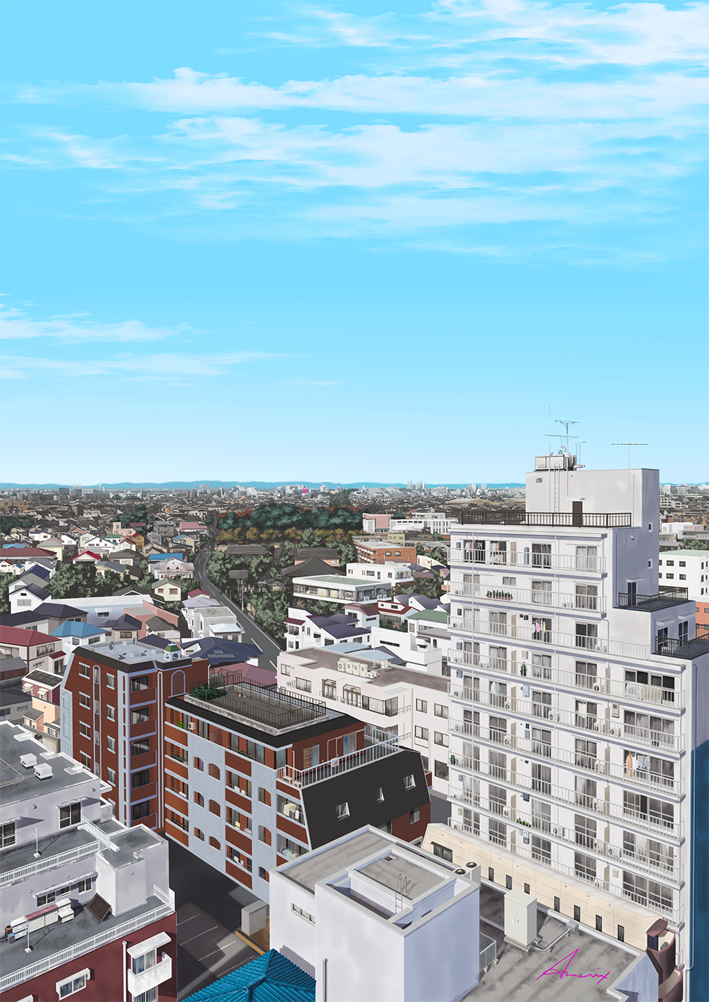 amari, original, commentary request, highres, apartment, artist name, building, day, house, mountainous horizon, no humans, outdoors, railing, road, scenery, town, window