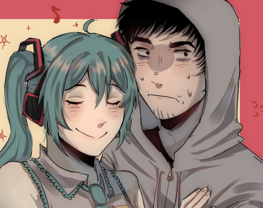 hatsune miku, simon henriksson, cry of fear, vocaloid, 1boy, 1girl, averting eyes, bags under eyes, black shirt, blue trim, blush, closed eyes, crossover, grey hoodie, grey shirt, hair ornament, hand on another's chest, hood, hood up, hoodie, looking to the side, nervous sweating, raykills, shirt, sleeveless, sleeveless shirt, smile, sweat, sweatdrop, twintails, upper body
