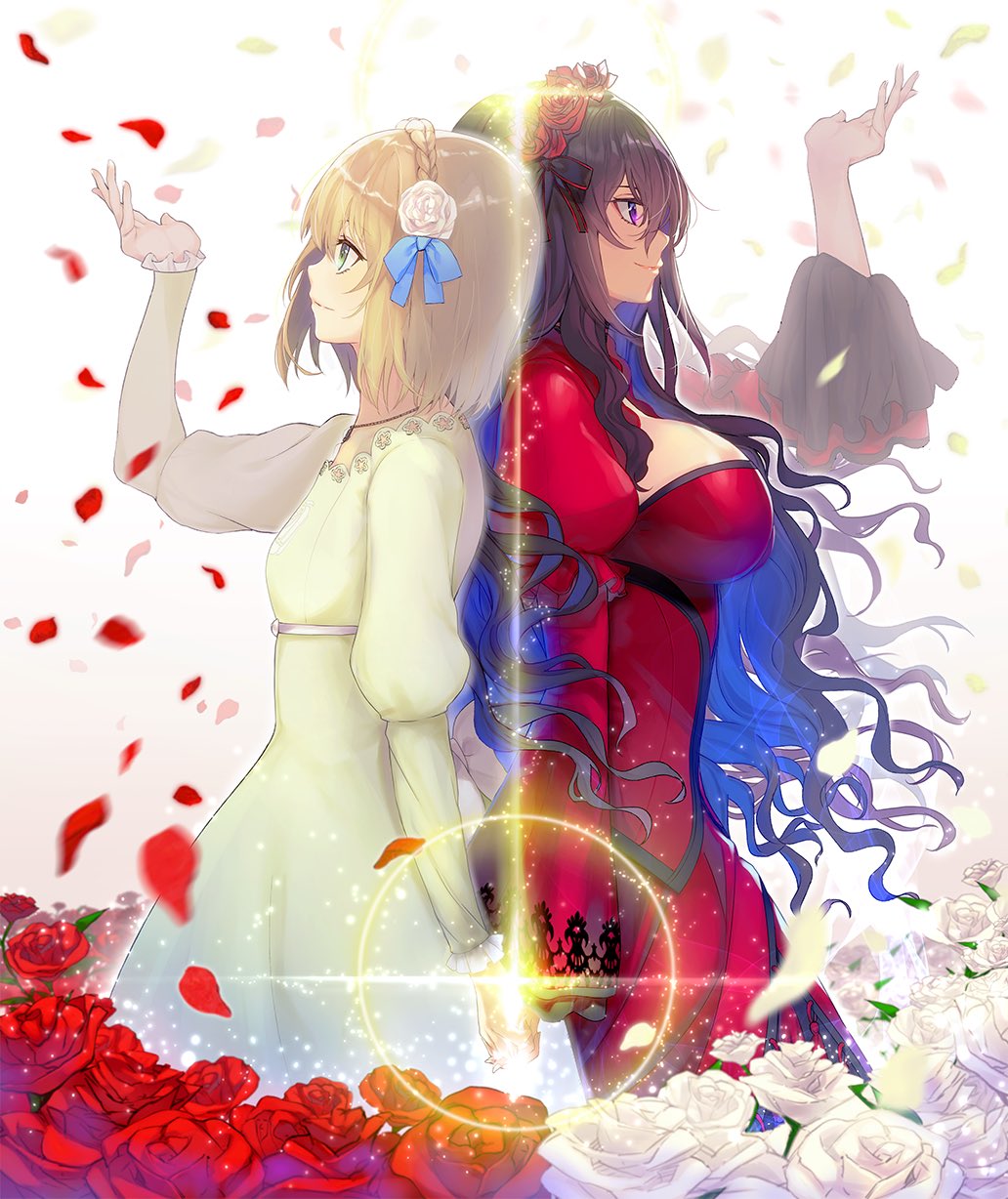 yuunagi (seventh heaven), constance grail, scarlet castiel, eris no seihai, commentary request, highres, official art, 2girls, black hair, blonde hair, blue bow, blue hair, bow, breasts, closed mouth, colored inner hair, dress, falling petals, flower, green dress, green eyes, hair bow, hair flower, hair ornament, holding hands, interlocked fingers, large breasts, long hair, long sleeves, medium hair, multicolored hair, multiple girls, petals, purple eyes, red dress, red flower, red petals, red rose, rose, smile, very long hair, white flower, white petals, white rose