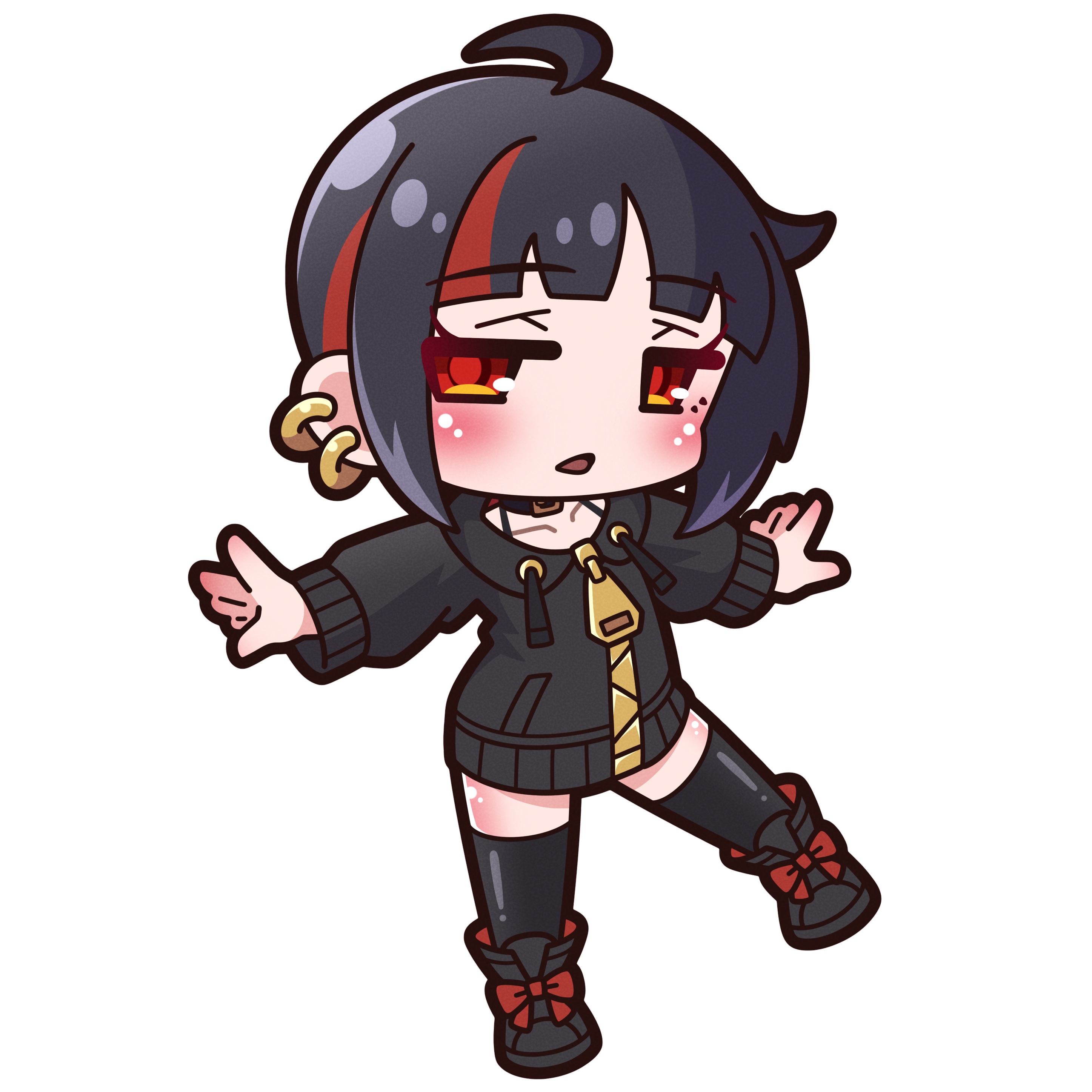 saishosaisekojo, original, absurdres, commentary request, highres, 1girl, ahoge, black boots, black collar, black hair, black jacket, black thighhighs, blush, boots, chibi, collar, collarbone, drawstring, ear piercing, full body, hood, hood down, hooded jacket, jacket, long sleeves, looking at viewer, multicolored hair, outstretched arms, parted lips, piercing, puffy long sleeves, puffy sleeves, red eyes, red hair, sasaki noa (saishosaisekojo), simple background, solo, spread arms, standing, standing on one leg, streaked hair, thighhighs, thighhighs under boots, white background