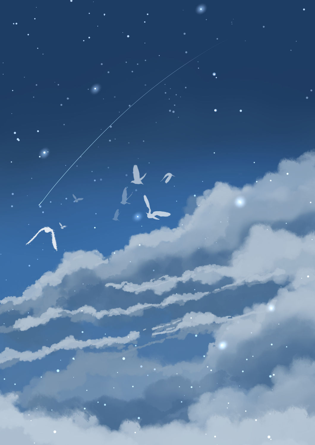 sakurada chihiro, original, commentary request, highres, bird, cloud, cloudy sky, night, no humans, outdoors, scenery, shooting star, simple bird, sky, sky focus