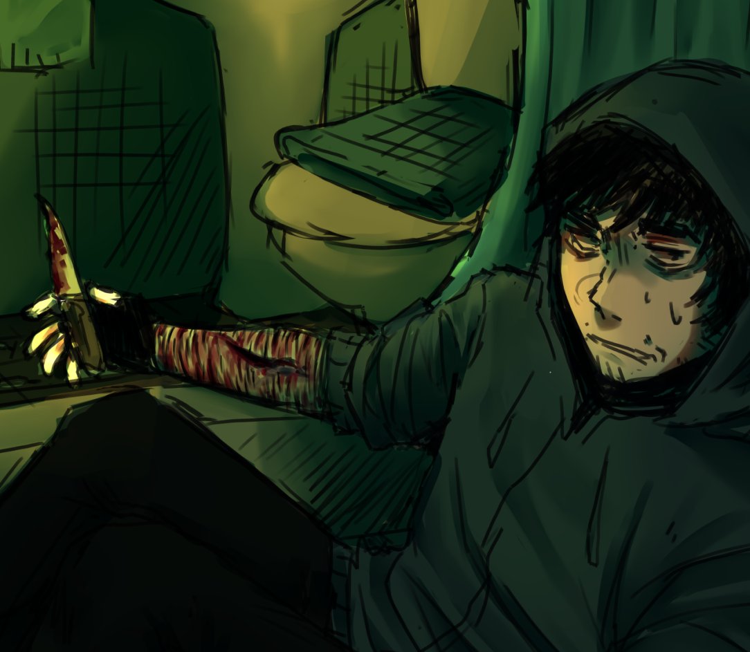 simon henriksson, cry of fear, 1boy, bathtub, black gloves, black hair, bloodshot eyes, clenched teeth, exposed muscle, facial hair, fingerless gloves, gloves, goatee stubble, grey hoodie, holding, holding knife, hood, hood up, hoodie, indoors, injury, jitome, knees up, knife, male focus, raykills, self-harm, short hair, sitting, sleeves rolled up, solo, stubble, sweatdrop, teeth, wrist cutting